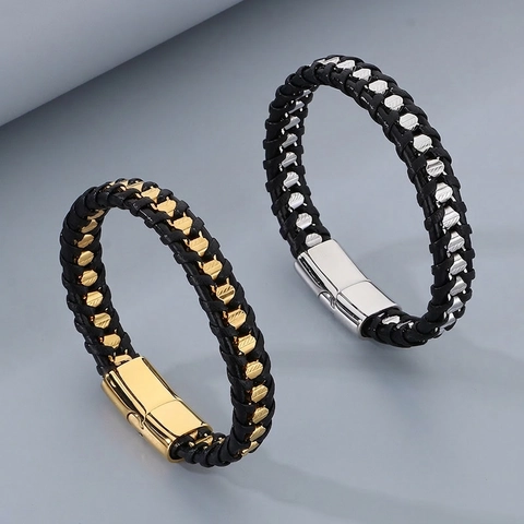 Braided Leather Bracelet Men Stainless Steel Magnetic Clasp Woven Punk Trendy Hip Hop Jewelry Accessory