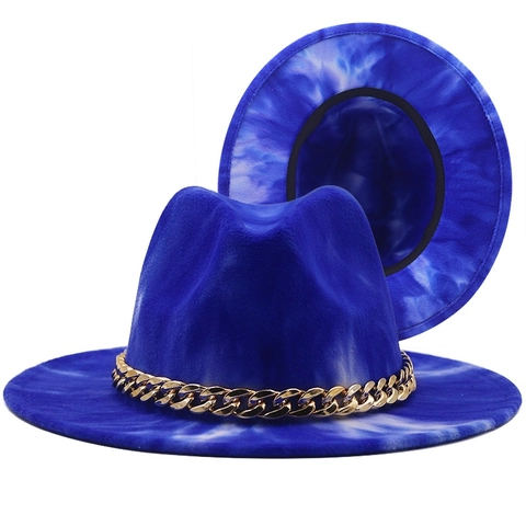 Sombrero Fedora Tie-Dye Con Cadena De Metal Dorado Sombrero De Jazz De Fieltro Vintage Color Contraste Doble Cara Unisex