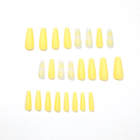 Unghie Finte Press On Lunghe Forma Bara Giallo Opaco Design Floreale Margherita Per Donne