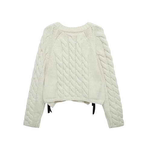 Dames Cropped Kabeltrui Ronde Hals Lange Mouwen Casual Elegant Crèmewit Gebreide Trui Met Satijnn Lintstrikken