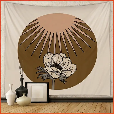 Bohemian Wall Tapestry Polyester Sun Ray And Anemone Flower Print Nordic Style Minimalist Home Decor Hanging Background
