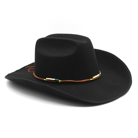 Retro Western Cowboy Hat Wool Felt Wide Brim Ethnic Beaded Leather Band Unisex Vintage Fedora Jazz Cap