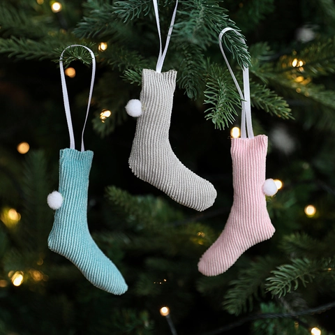 Mini Calza Di Natale Ornamenti Appesi Maglia Velluto A Coste Con Pompon Decorazione Albero Di Natale Piccolo