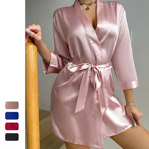 Women's Satin Robe Satin-like V-Neck Solid Color Sexy Nightwear Loungewear Home Bathrobe With Tie Belt
