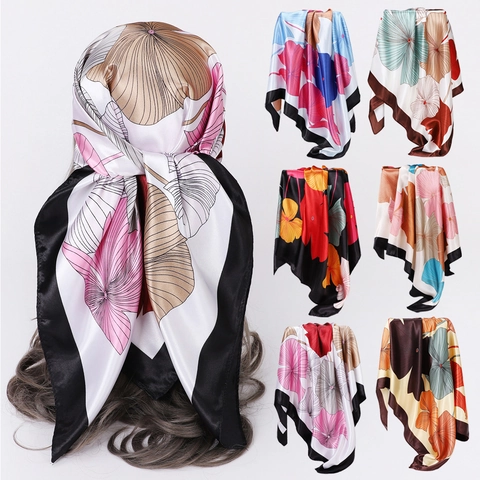 Vintage Floral Print Satin Square Scarf Silk Feeling Headscarf Shawl Wrap For Women Decorative Neck Scarf Bag Accessory