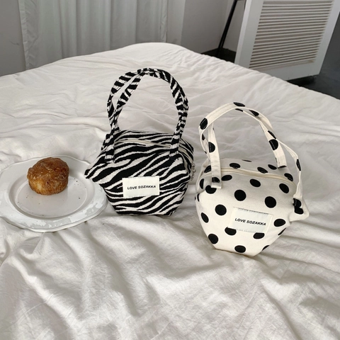 Mini Sac À Main En Toile À Pois Et Rayures Zébrées Style Rétro Petit Sac Fourre-Tout Avec Fermeture Éclair
