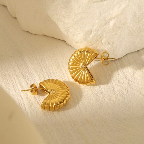 Pendientes De Botón En Forma De Abanico Acero Inoxidable Chapado En Oro 18K Textura Radiante Con Diamantes De Imitación Mujer