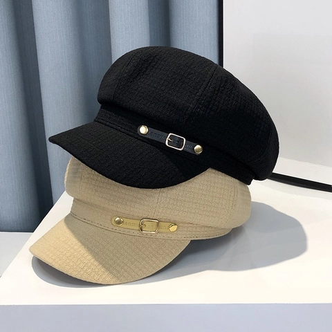 Korean Fashion Waffle Texture Newsboy Cap For Women Vintage Octagonal Hat With Metal Buckle Painter Beret Fashion Accessory