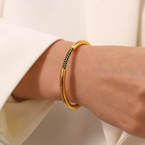 Women Cuff Bracelet 18K Gold Plated Stainless Steel Geometric Inlaid Green White Zircon Minimalist Jewelry