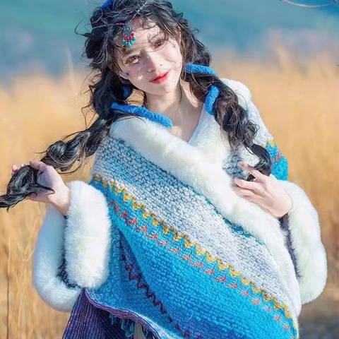 Gebreide Poncho Sjaal Kaap Met Kraag Van Kunstbont Boheems Zigzag Patroon Warm Oversized Kwastje Pompon Wikkel