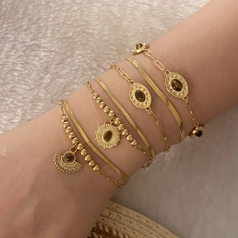 Vintage Stainless Steel Double Layer Gold Bracelet For Women Tiger's Eye Stone Pendant Adjustable Snake Chain Jewelry Gift