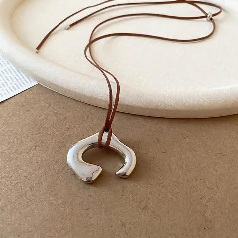Irregular C-Shape Metal Pendant Necklace Minimalist Abstract Geometric Jewelry Long Brown Leather Cord For Women