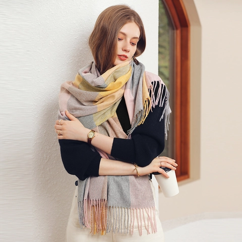 Women Plaid Scarf Shawl Cashmere-Like Polyester Color Block Long Large Thick Warm Winter Neck Wrap Elegant Fringe