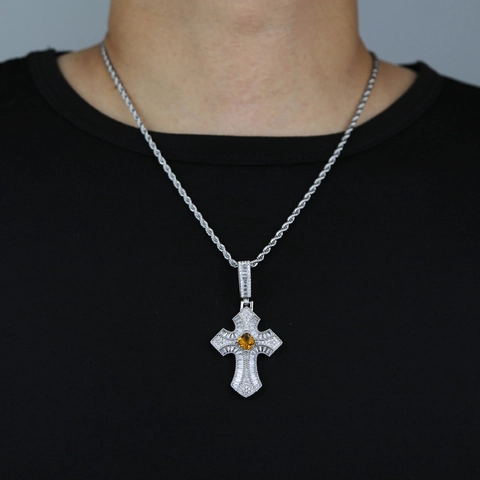 Collier Pendentif Croix Hip Hop Cuivre Zircone Cubique Pierre Carrée Iced Out Style Punk Homme Chaîne De Corde Bijoux