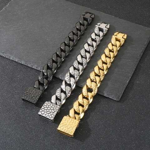 Men Cuban Chain Bracelet Stainless Steel Chunky Texture Punk Hip Hop Jewelry For Daily Wear