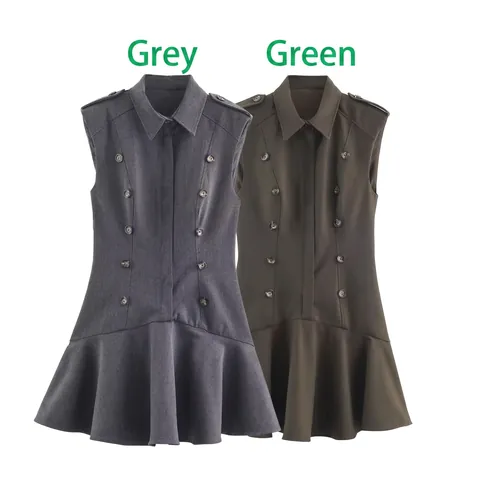 Women Sleeveless Mini Dress Buttons Lapel Collar Military Style Ruffle Hem Polyester Elegant Solid Color