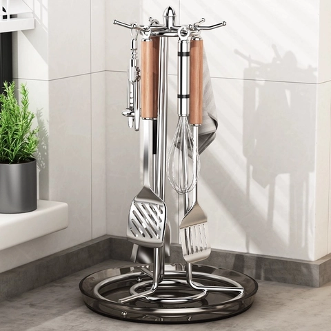 Rotating Kitchen Utensil Holder Stainless Steel Countertop Organizer Rack With Hooks And Drip Tray Vertical Stand