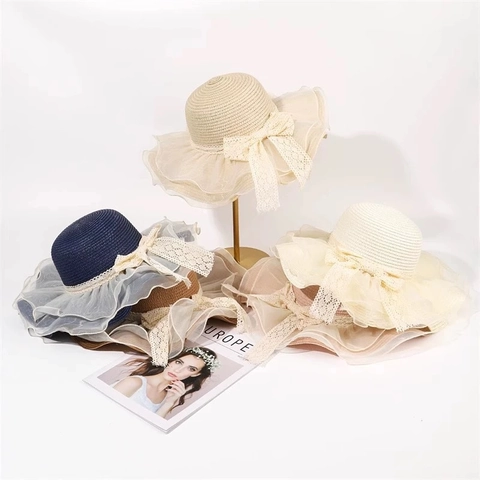 Straw Sun Hat For Women Wide Brim UV Protection Foldable Elegant Organza Lace Bow Summer Beach Holiday