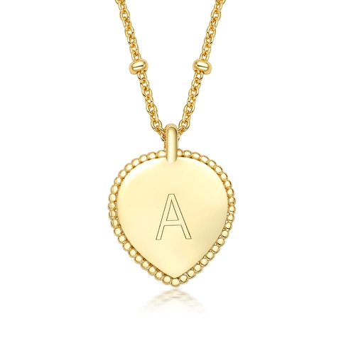 Herz Initialen Kette 925 Sterling Silber Gravierter Buchstaben Anhänger Perlenrand Zierliche Goldene Kugel Kette Damen