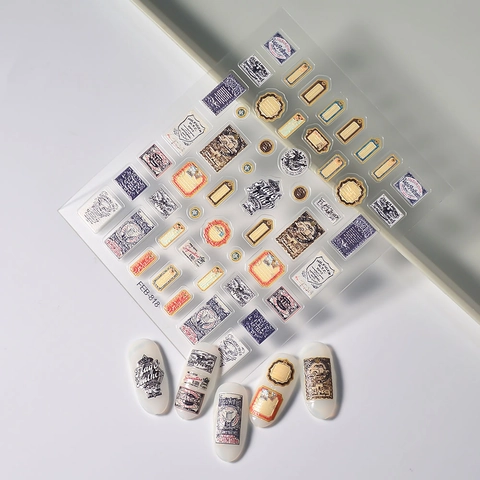 5D Reliëf Nagelstickers Waterdichte Zelfklevende Vintage Industriële Labels DIY Decals Manicure Decoratie