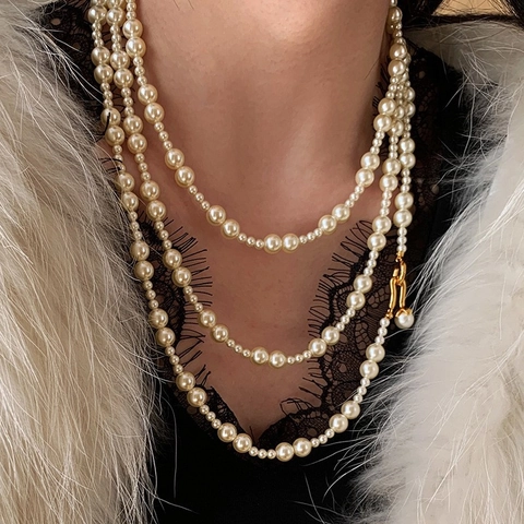 Elegante Französische Vintage Mehrlagige Kunstperlenkette Für Damen Lange Pulloverkette Mit Goldenem Legierungsverschluss