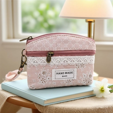 Small Coin Purse Fabric Pouch Zipper Wallet With Hand Strap Lace Floral Checkered Pattern Portable Wristlet For Women
