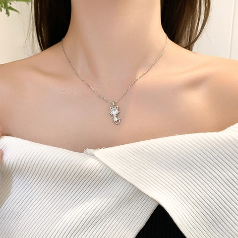 Collana Con Ciondolo A Gatto Minimalista Acciaio Al Titanio Rame Con Zircone Rotondo Gioielli Animali Dolci Per Donna