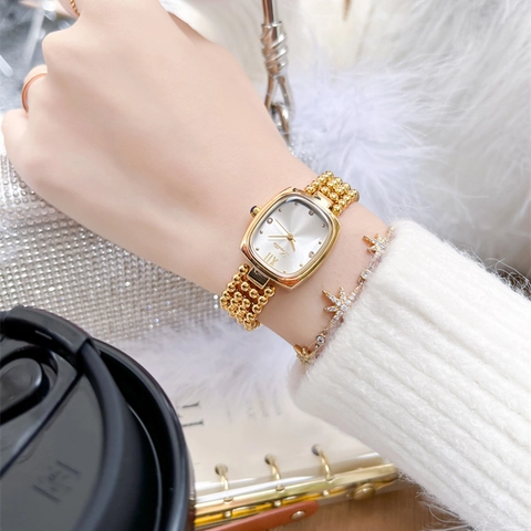 Women Quartz Watch With Oval Square Dial Alloy Metal Bead Chain Strap Waterproof Fashion Elegant Timepiece