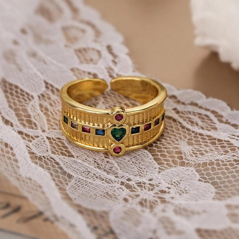 Bunter Zirkon Offener Ring Kupfer Vergoldet Herz Geometrisch Breit Verstellbarer Fingerschmuck Damen Trendy INS Stil