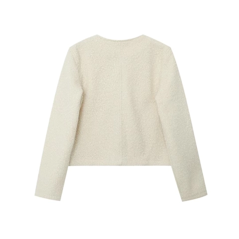 Chaqueta Elegante de Vellón Sherpa para Mujer Vintage Cuello Redondo Botón de Strass Abrigo Corto Color Sólido Casual Cálido Otoño Invierno