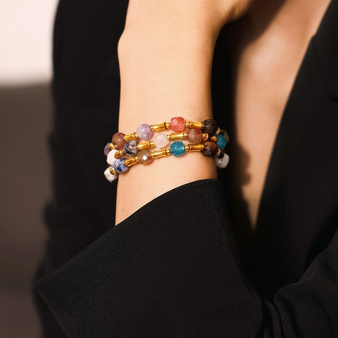 Bracciale Di Perline In Pietra Naturale Boema In Acciaio Al Titanio Placcato Oro Gioielli Di Moda Per Donna
