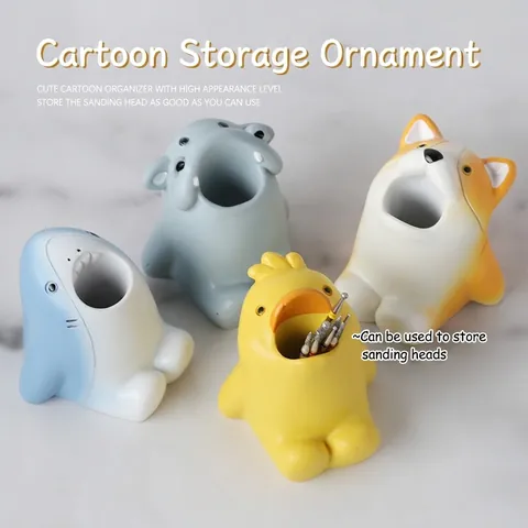 Cartoon Animal Nail Drill Bit Holder Resin Desktop Organizer Storage Ornament Manicure Tool Corgi Shark Hippo Decor