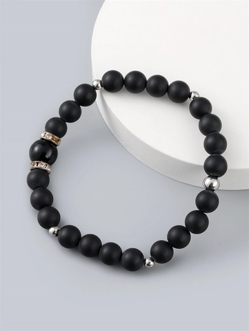 Beaded Bracelet Matte Black Natural Stone Alloy Spacers Rhinestone Elastic Fashion Jewelry For Men Women