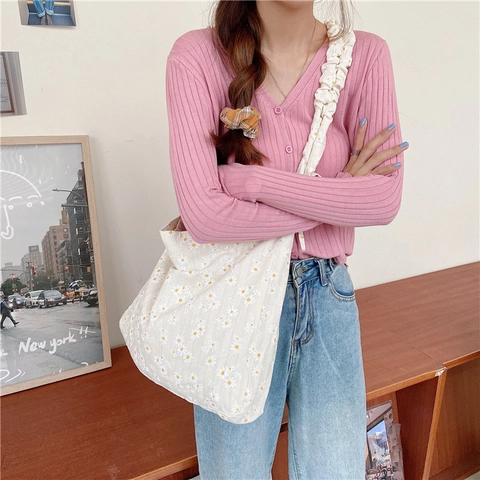 Gänseblümchen Blumen Leinwand Tragetasche Baumwolle Leinen Frische Schultertasche Große Kapazität Damen Student Casual
