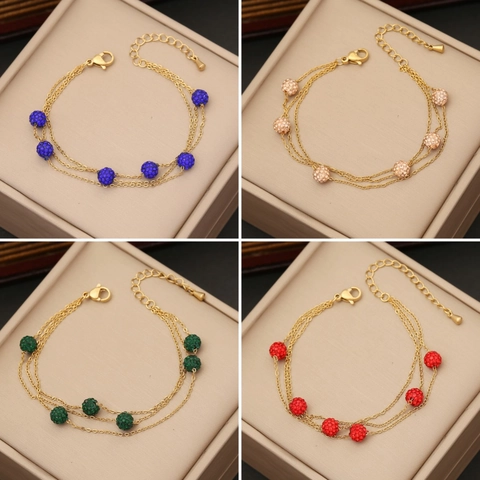 Bracelet Multi-Rangs En Acier Inoxydable Plaqué Or Avec Breloques Boules En Strass Ajustable Bijoux Mode Femme