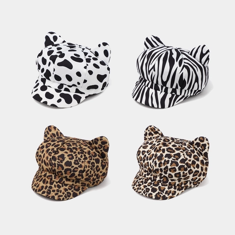 Vintage Fashion Cat Ear Octagonal Hat Women Animal Pattern Leopard Zebra Cow Print Cotton Newsboy Cap Outdoor Sun Shade Artistic Painter Hat