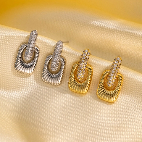 Orecchini A Lobo Geometrici Rettangolari Vintage In Rame Zircone Con Perno In Acciaio Inossidabile Per Donne Moda