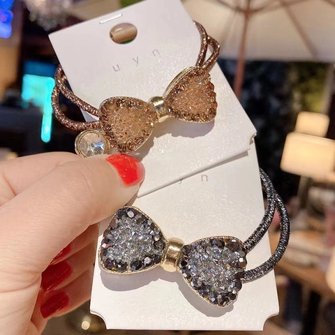 Vintage Rhinestone Bowknot Hair Tie Alloy Crystal Sparkly Elastic Hair Ring Elegant Headband For Women