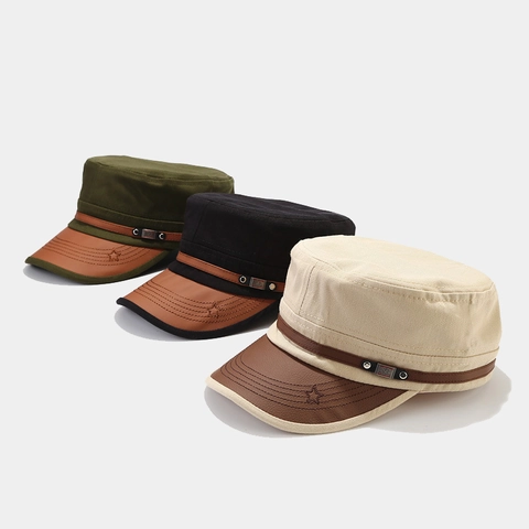 Berretto Cadet In Tela Di Cotone Vintage Visiera In Pelle PU Regolabile Militare Retrò Cappello Piatto Per Uomini Donne