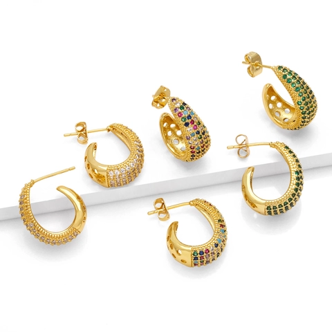 Kleurrijke Zirkonia Micro Pave C-Vormige Oorringen Koper Verguld Luxe Mode Sieraden Dames Accessoire