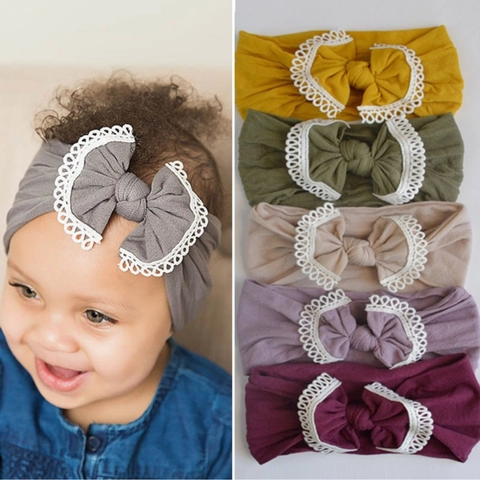 Super Soft Nylon Baby Headband With Large Lace Bow Sweet Solid Color Elastic Hair Band For Infants Toddlers Kids Hair Accessories
