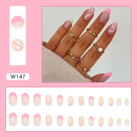 Unghie Finte Press On French Tip Rosa Testa Rotonda Ballerina Con Design Di Linee Ondulate Manicure Lucida Per Donne