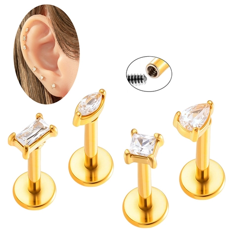 Joyería De Perforación Labret Pendiente Cartílago De Acero Inoxidable Zircón Claro Geométrico Cuadrado Pera Marquesa Tornillo Plano