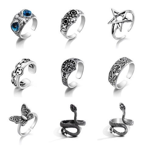 Anillos Abiertos De Aleación Punk Vintage Ajustables Retro Animal Serpiente Búho Mariposa Estrella Joyas Góticas