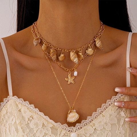 Collar De Capas Aleación Concha Estrella De Mar Caracol Perlas Artificiales Dijes Joyería De Playa Bohemia Para Mujeres Color Oro