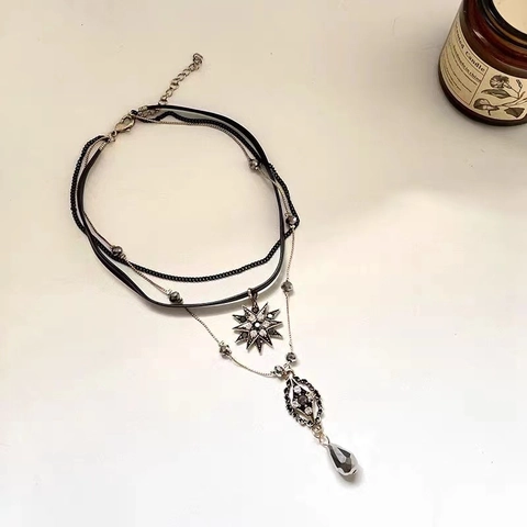 Retro Multi Layer Necklace With Octagram Star And Teardrop Crystal Pendants Bohemian Choker Alloy Leather Jewelry For Women
