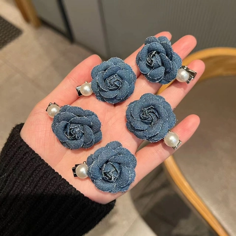 Vintage Denim Camellia Flower Hair Clips With Faux Artificial Pearl Elegant Handmade Denim Fabric Duckbill Side Clip For Women