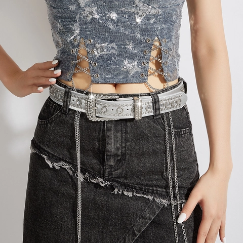 Ceinture En Strass Cuir PU Alliage Boucle Ardillon Punk Y2K Style Western Accessoire Pour Femmes