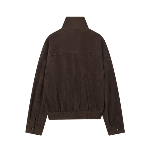 Chaqueta De Ante Sintético Para Mujer Cuello Alto Cremallera Botón De Presión Bolsillos Con Solapa Moda Color Sólido