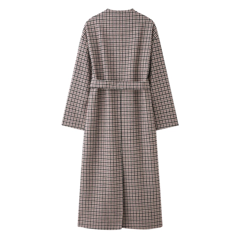 Dames Geruite Lange Jas Polyester Dubbele Rij Knopen Met Riem Opstaande Kraag Elegant Vintage Bovenkleding
